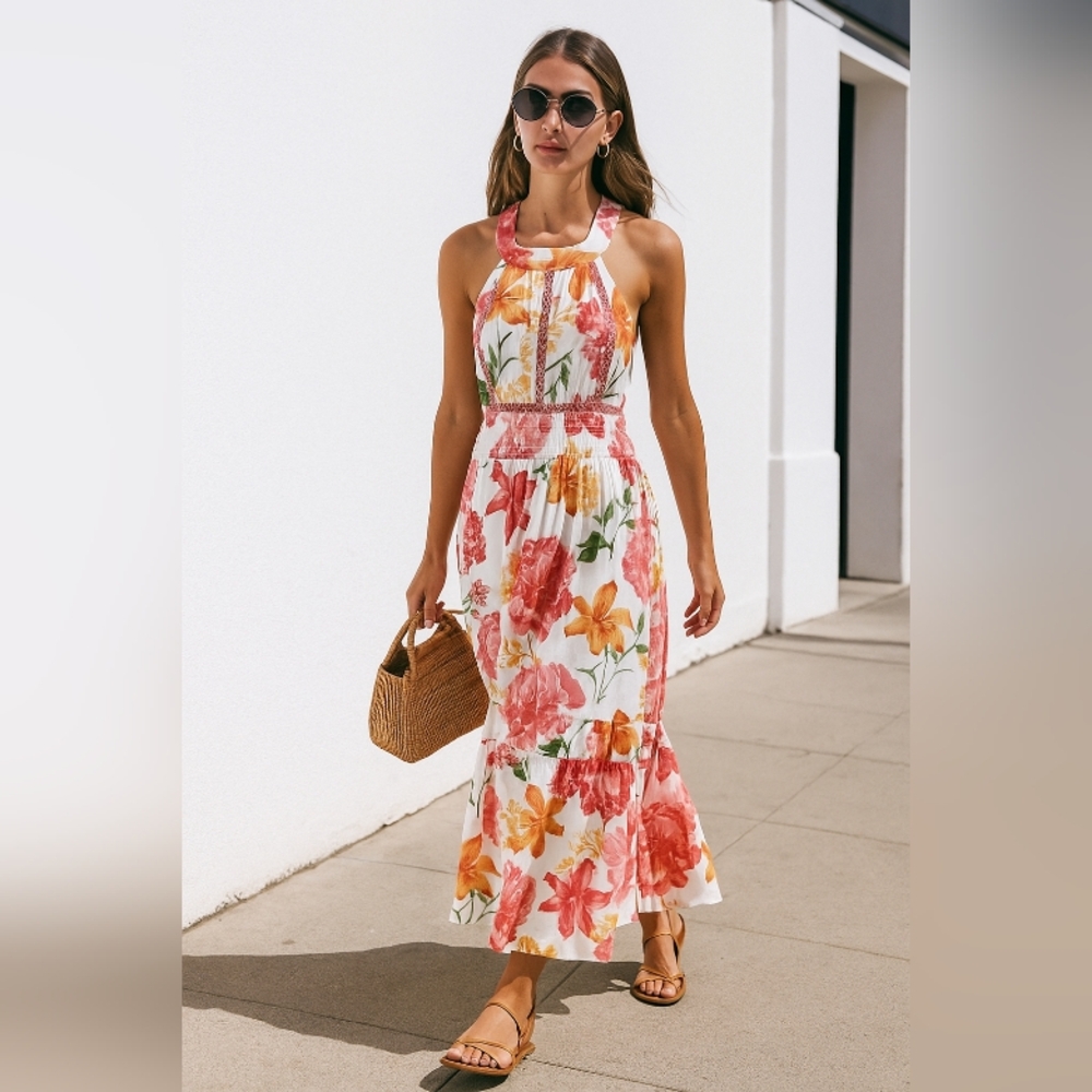 ANTHROPOLOGIE🐞ATL White Floral Halter Neck Maxi Dress with Smocked Waist Sz: M